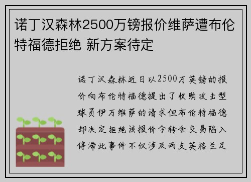 诺丁汉森林2500万镑报价维萨遭布伦特福德拒绝 新方案待定