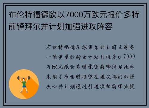 布伦特福德欲以7000万欧元报价多特前锋拜尔并计划加强进攻阵容