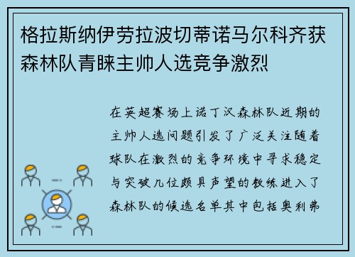 格拉斯纳伊劳拉波切蒂诺马尔科齐获森林队青睐主帅人选竞争激烈